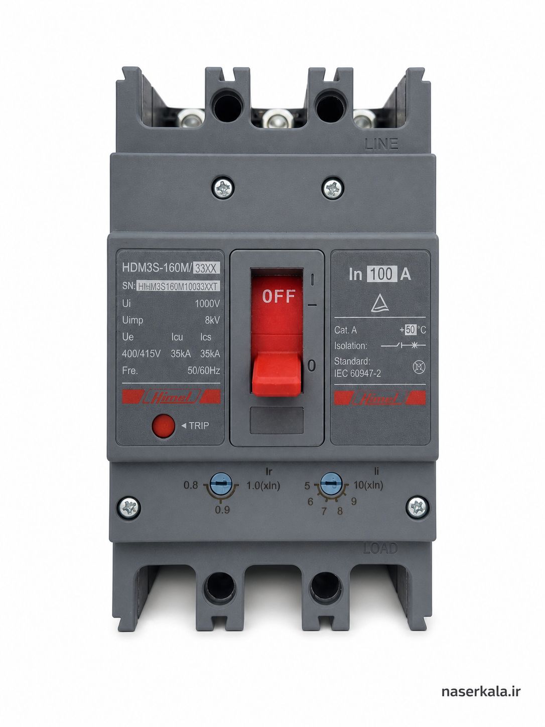 کلید کامپکت قابل تنظیم حرارتی-مغناطیسی 3پل 100آمپر هیمل کد HDM3S160M10033XXT