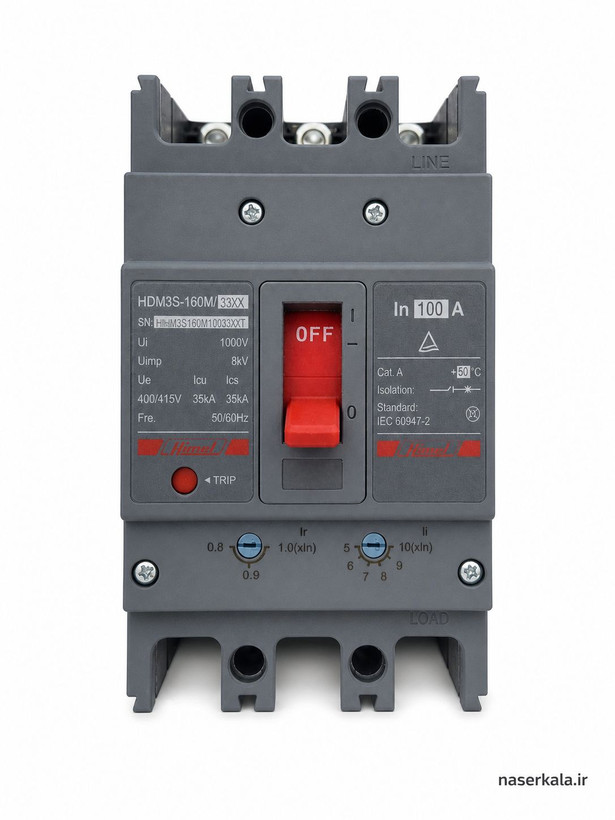 کلید کامپکت قابل تنظیم حرارتی-مغناطیسی 3پل 100آمپر هیمل کد HDM3S160M10033XXT